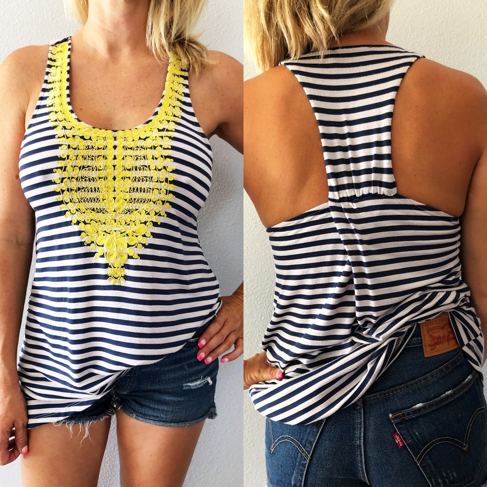 Bohemian inspired racer back striped top.